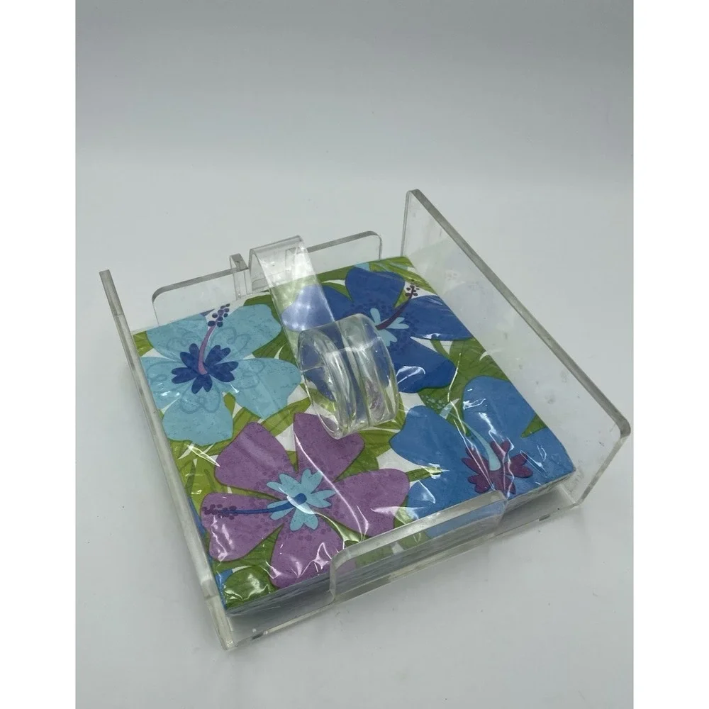 Vintage Acrylic Clear Lucite Luncheon Size Napkin Holder  Wind Catcher & Napkins
